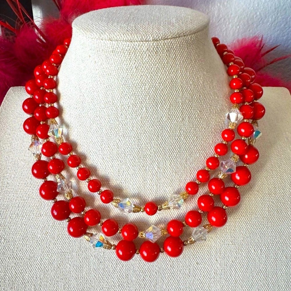 Vintage Red and Crystal Beaded Necklace